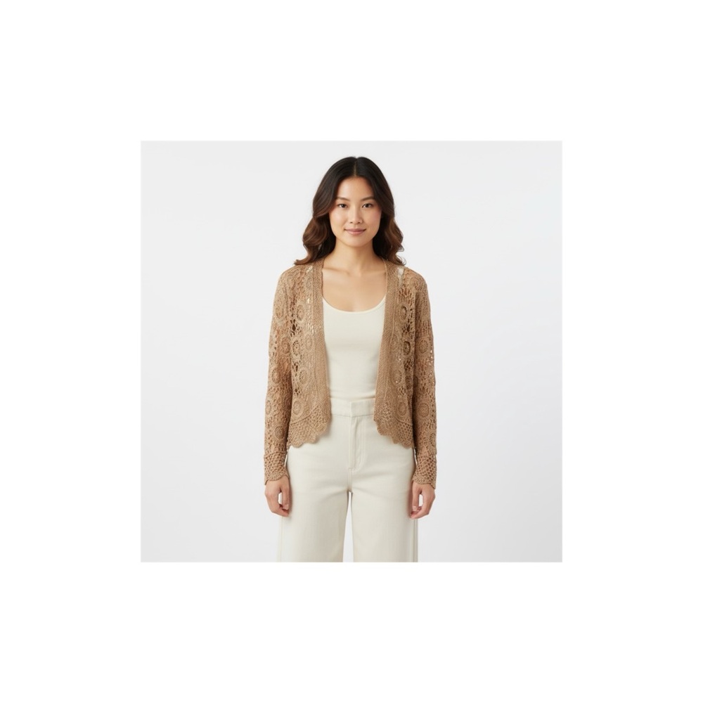 Joseph A‎ Quest Crochet Lace Cardigan Womens L Bronze Open Knit Boho Crop